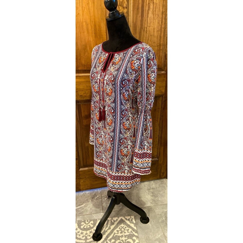 My Michelle Boho Paisley Dress Size Large Bell Sleeve Tunic Burgundy Hippie ‘70 - Picture 5 of 12